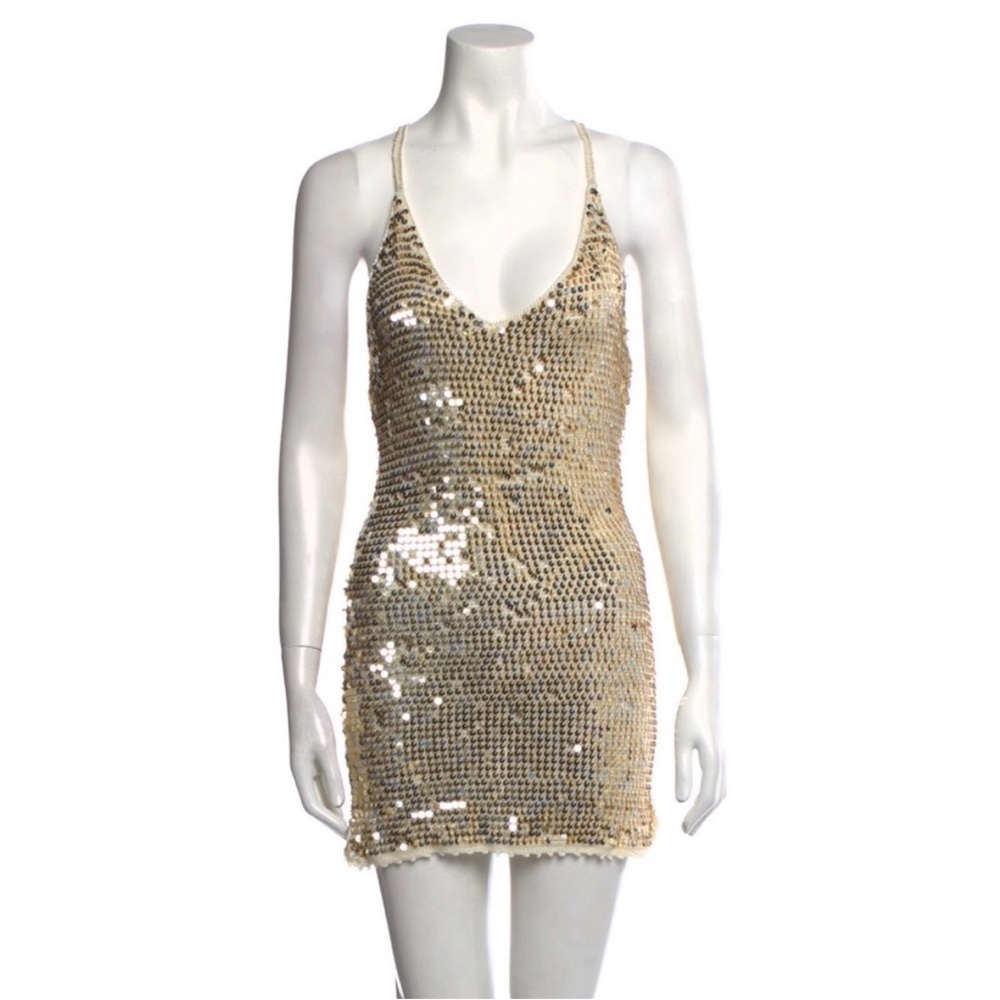 Retrofete Elliana Gold Sequin Crochet Cocktail Dress
